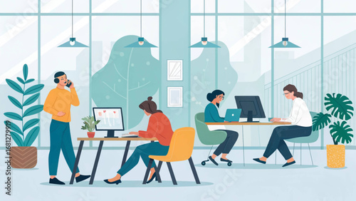 Diverse professionals collaborating and working efficiently in a modern, bright office environment. Ideal for showcasing teamwork, productivity, and contemporary business lifestyle.
