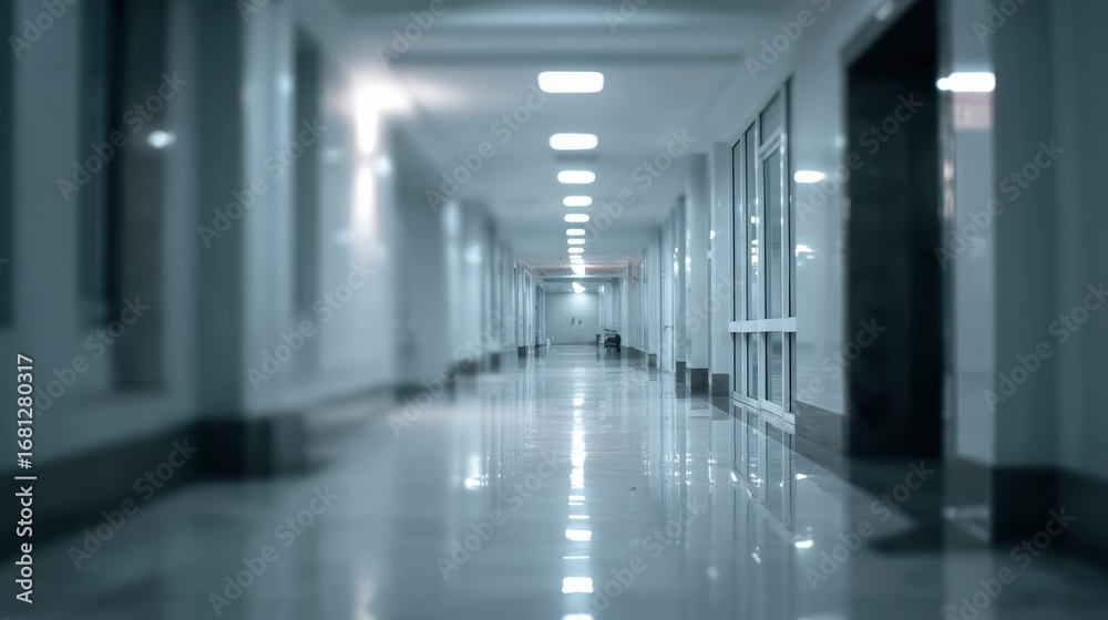 Fototapeta premium A long, empty corridor with polished floors and bright lights, offering a serene atmosphere and modern architectural design.