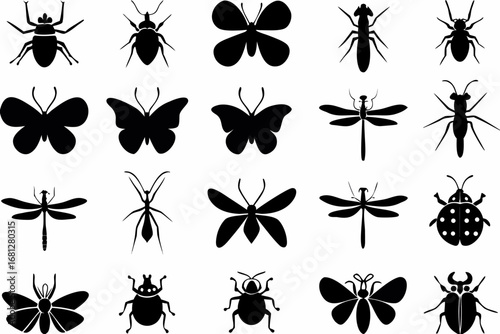 Collection of black silhouette insects including butterflies ants dragonflies and beetles set on white background created with generated ai