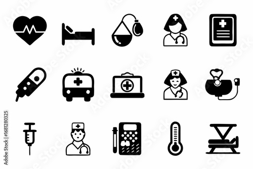 Collection of medical and healthcare related icons including nurse ambulance heart and various equipment created with generated ai