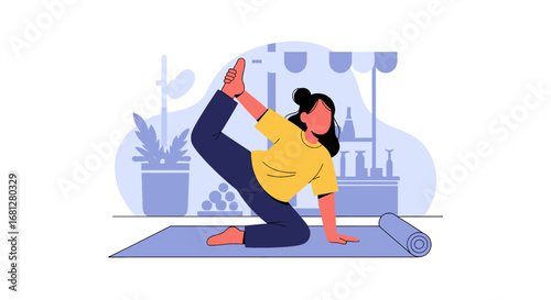 Woman practicing yoga indoors, demonstrating flexibility and balance. Ideal for health, wellness, and mindful living content.