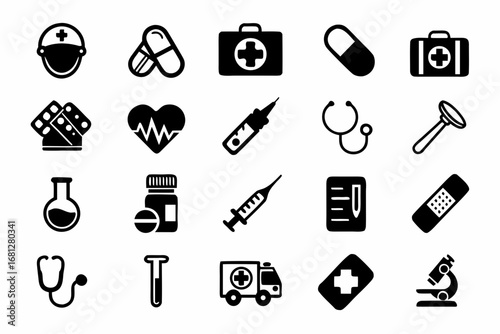 Collection of medical icons including ambulance stethoscope pills and other health related symbols shown created with generated ai