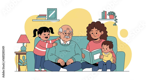 Happy multi-generational family enjoying a book together on a sofa. Grandparents, mother, and children bond over storytelling, representing education and cozy home life.
