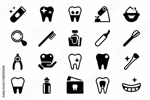 Collection of dental care icons featuring teeth, toothbrush, and other dental instruments shown in black created with generated ai