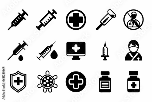 Collection of medical themed icons featuring syringes, crosses, doctor and medicine bottles in black created with generated ai