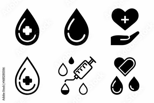 Illustration of blood donation icons including drops, syringe, heart in hand and heart with drop shapes created with generated ai