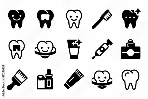 Collection of black and white dental care icons featuring teeth, toothbrush and toothpaste tube created with generated ai