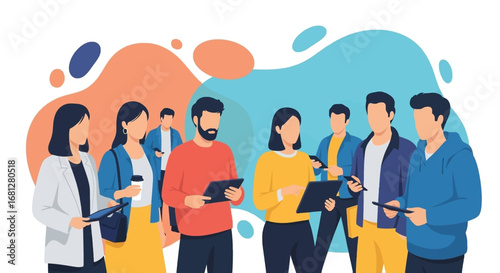 Diverse group of professionals and individuals collaborating and communicating digitally. Ideal for business, teamwork, networking, and modern digital lifestyle concepts.