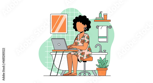 Woman working remotely on laptop in a bathroom. Represents flexible work, work-life balance, and adaptable productivity from home.