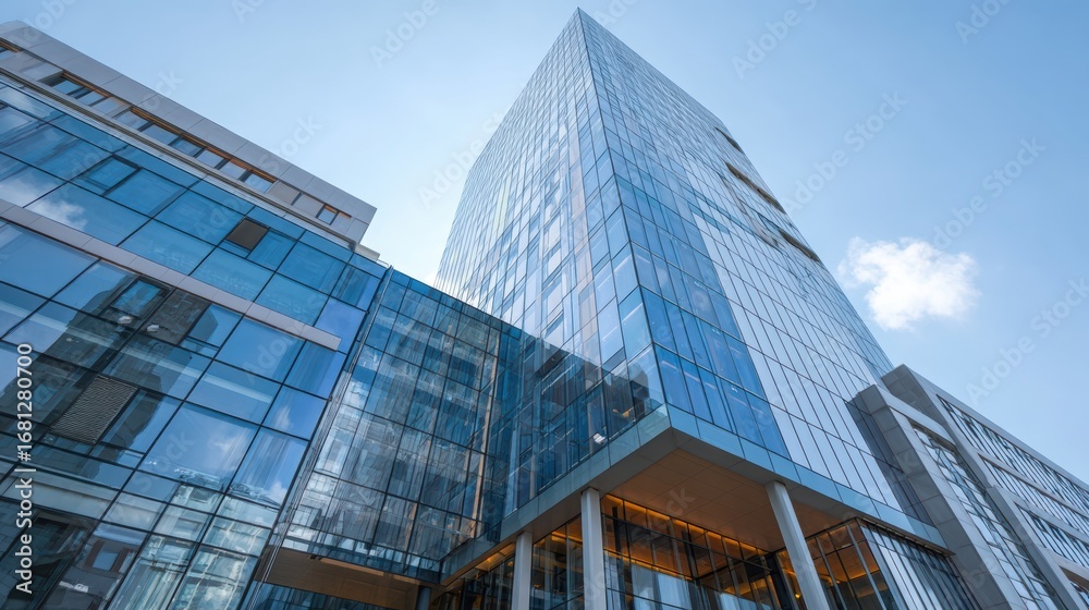 Fototapeta premium A modern glass skyscraper showcasing contemporary architecture against a clear blue sky.