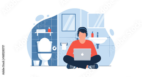 Focused person in headphones working on a laptop while sitting on a bathroom floor, illustrating remote work, privacy, and adaptability in modern lifestyle and study concepts.