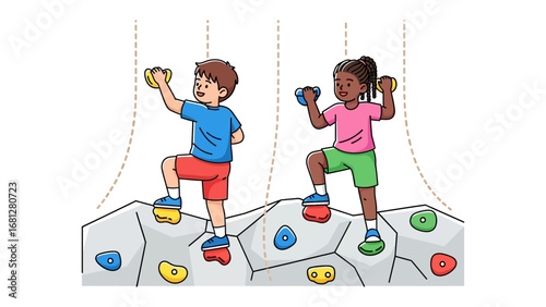 Young Climbers on the Wall: A vibrant illustration capturing two young children engaged in the exciting sport of rock climbing. A testament to the playful spirit, physical activity.