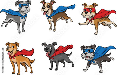 Superhero cartoon dogs, capes and masks, dynamic pet poses, playful animal characters, fun stock illustration, colorful design, white background, action theme
