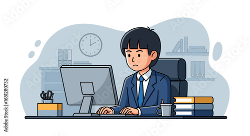 Focused businessman working diligently at his desk on a computer, embodying professionalism and productivity in a modern office environment.