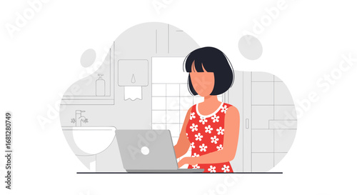 A woman in a floral dress works on her laptop in a modern washroom setting, symbolizing remote work flexibility and digital connectivity. Ideal for lifestyle and business concepts.