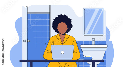 Illustration of a person working remotely on a laptop in a home bathroom, symbolizing flexible work, unconventional workspaces, or privacy needs.