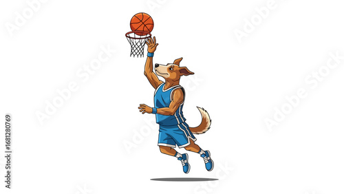 Canine Hoops Heroics: A canine athlete gracefully elevates for a slam dunk, displaying exceptional agility and passion for the game. Witness this amazing sportsmanship.