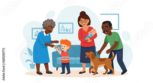 Joyful multi-generational family and their dog at home, with parents, children, and a grandparent sharing happy moments. Ideal for family, lifestyle, and bonding concepts.