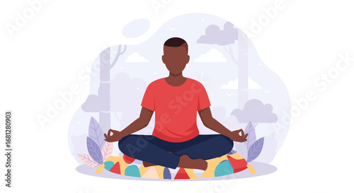 A serene Black man meditating in a lotus pose on a colorful cushion, representing mindfulness, peace, and mental wellness for health and lifestyle concepts.
