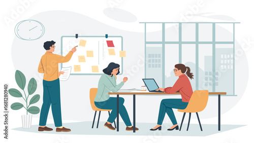 Diverse team collaborates in a modern office, discussing business strategy and project ideas. Ideal for corporate, teamwork, and professional development concepts.