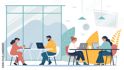 Diverse professionals actively working on laptops in a bright, modern office or coworking space, symbolizing productivity and collaboration.