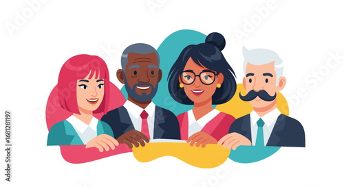 Diverse group of smiling business professionals representing collaboration, teamwork, and unity. Ideal for business, community, and human resources concepts.