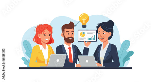 Diverse business team collaborating on a new strategy, analyzing data, and generating innovative ideas for project success and growth in a modern office environment.