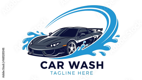 Automotive Refresh: A dynamic car wash emblem featuring a sleek sports car, enhanced by swirling water, symbolizing the perfect blend of speed and cleanliness.