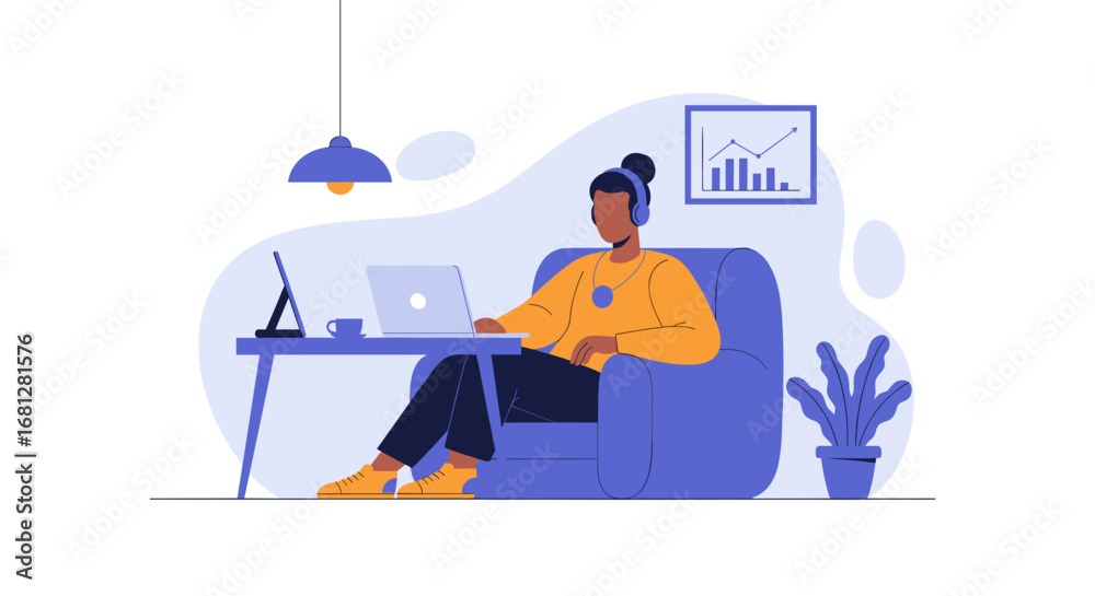 Obraz premium Person working remotely from home with laptop and headphones, in a comfortable setting. Ideal for themes of online business, education, and modern lifestyle.