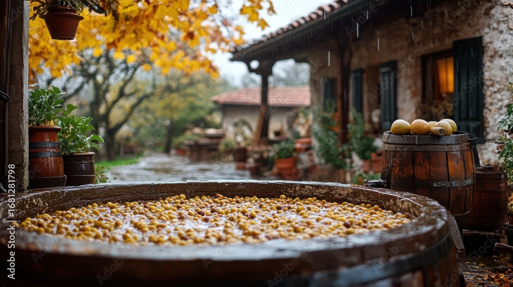 Fototapeta premium Fruits in Wooden Vat Outdoors on Rainy Day