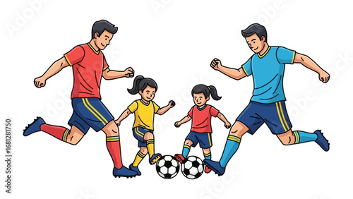 Family Soccer Fun: A vibrant illustration of a family playing soccer, filled with energy and the joy of shared sport, showing the father and children kicking ball.