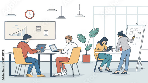 Modern office workspace illustration with diverse professionals collaborating, brainstorming, and working on laptops, depicting teamwork and digital productivity.