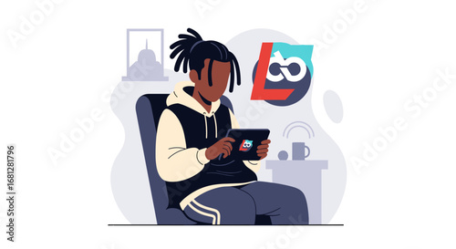 Young person with dreadlocks engrossed in a tablet, showcasing modern digital lifestyle, online learning, or remote work.