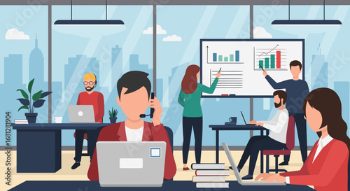 Diverse team collaborating in a modern open-plan office, engaged in presentations, customer service, and individual work for business growth.