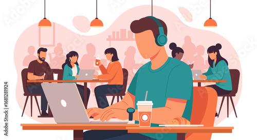 Focused man wearing headphones works diligently on his laptop in a modern, bustling cafe. Ideal for remote work, productivity, digital nomad, and casual business concepts.