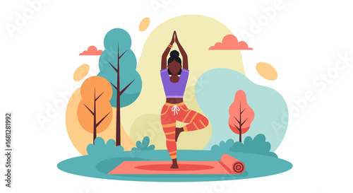 Woman practicing yoga tree pose outdoors on a mat, symbolizing balance, health, and mindful wellness. Ideal for lifestyle and fitness content.