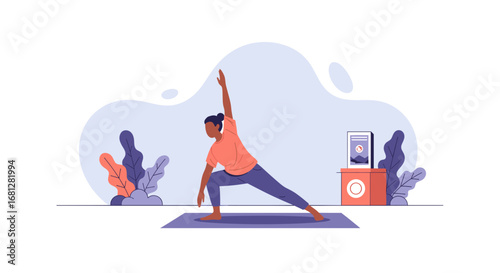 Person practicing yoga at home, finding balance and well-being. Ideal for fitness, health, and lifestyle concepts, promoting relaxation and mindful living.