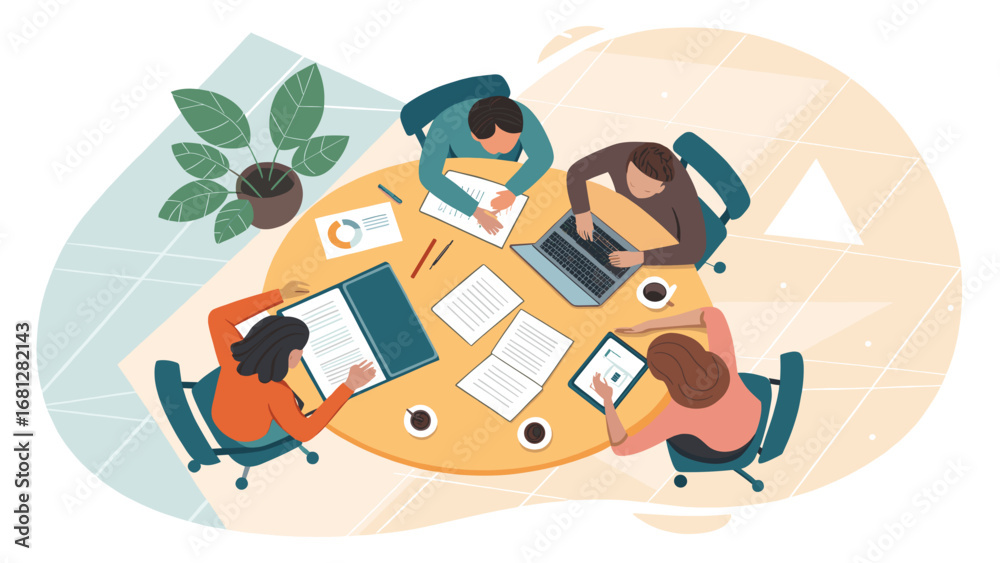 Obraz premium Four diverse professionals collaborate around a table, engaged in a productive business meeting with laptops, tablets, and documents. Ideal for teamwork and corporate concepts.