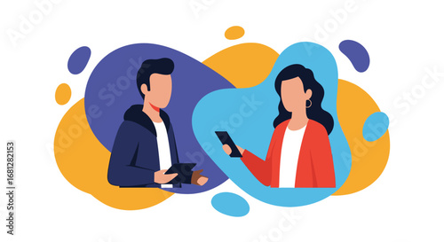 Digital communication between two individuals using mobile devices, illustrating online networking, remote work, or social interaction in a modern, abstract setting.