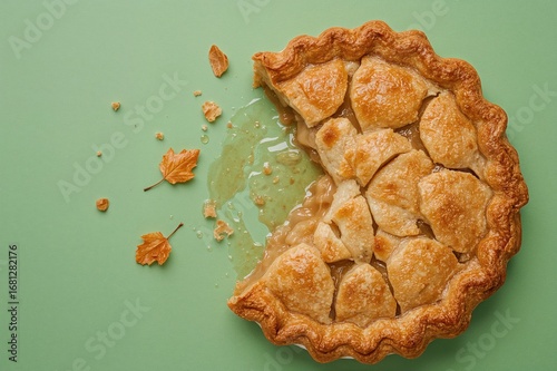 Remaining slice of apple pie with greasy marks on a green paper surface. Top-down perspective of a partially eaten classic dessert.