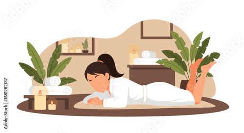 Woman relaxing in a serene spa setting, enjoying self-care with candles, plants, and fresh towels. Perfect for wellness, beauty, and peaceful lifestyle concepts.