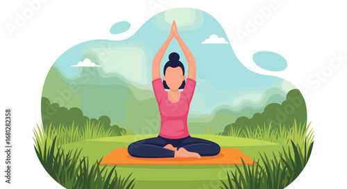 Serene woman practicing yoga outdoors on a mat, finding peace and wellness amidst nature. Ideal for health, lifestyle, and mindfulness concepts.