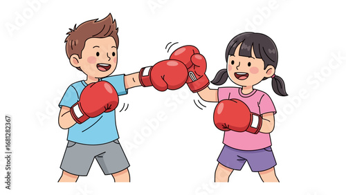 Young Boxers at Play: Two animated children, clad in boxing gloves, gleefully spar in a fun and engaging illustration that embodies sportsmanship and active play. 