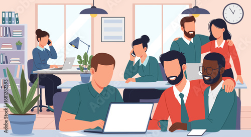 Diverse professionals collaborating in a modern open-plan office. Depicts teamwork, communication, and a productive corporate environment for business use.