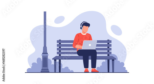 Focused person works remotely on a laptop with headphones on a park bench, embodying modern freelance lifestyle and productivity outdoors.