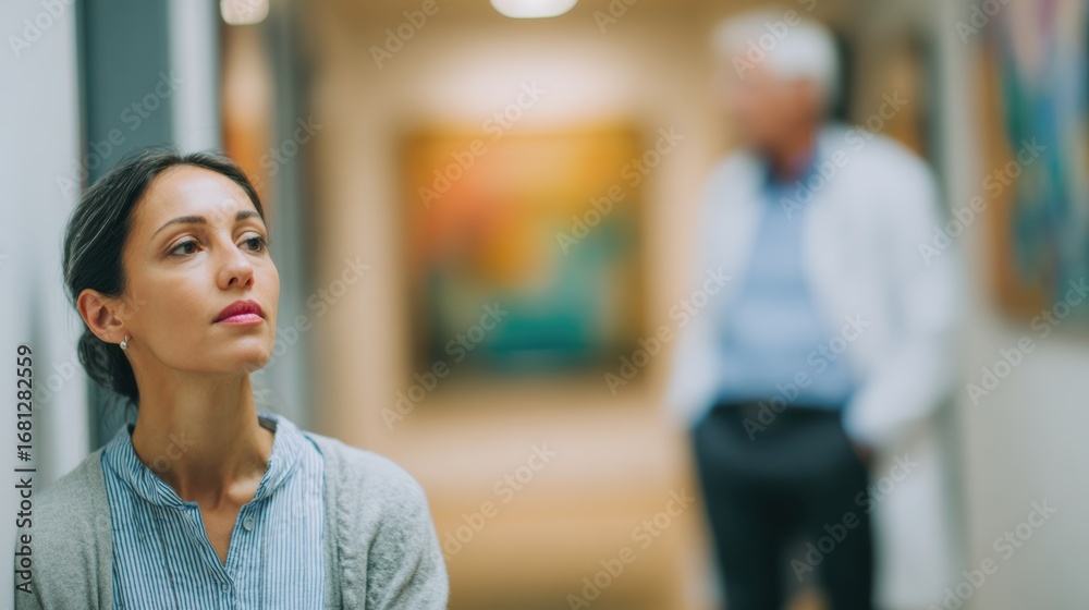 Fototapeta premium A thoughtful woman appears pensive in a hallway, contrasting with a blurred figure of a doctor in the background.