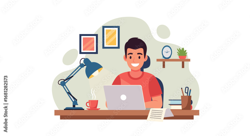 A cheerful man works remotely on his laptop from a cozy home office setup, enjoying a hot beverage. Ideal for themes like productivity, work-life balance, and modern education. A cheerful man works remotely on his laptop from a cozy home office setup, enjoying a hot beverage. Ideal for themes like productivity, work-life balance, and modern education.