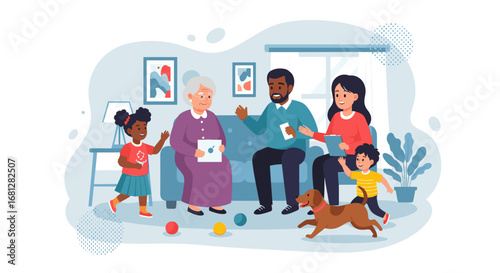 Happy multi-generational family and their dog enjoying quality time together in a bright, modern living room. Depicts home life, care, and family bonds.