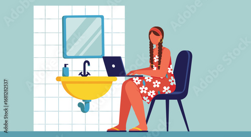 Woman in a vibrant dress working comfortably on a laptop in an unconventional home setting, symbolizing remote work flexibility and modern digital lifestyle.
