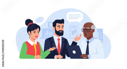 Diverse business team collaborating in a professional meeting, discussing ideas and strategy. Ideal for concepts of teamwork, mentorship, and corporate success.